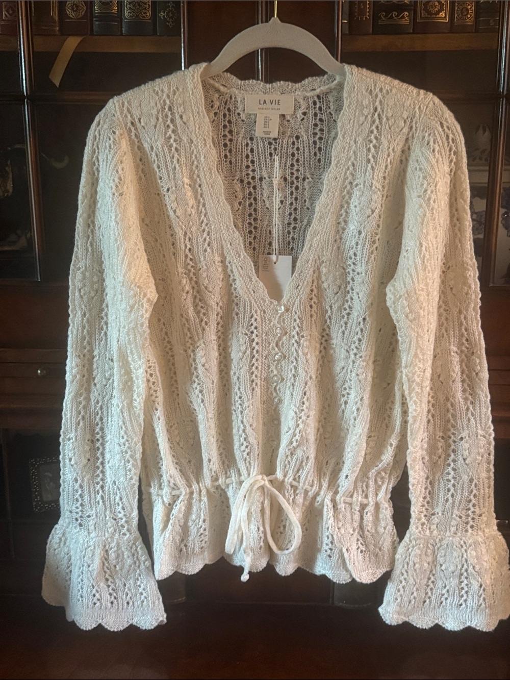 Rebecca Taylor Cream Crochet Lace V-Neck Drawstring Blouse